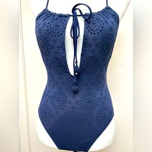 Aerie one piece plunge swimsuit eyelet mesh lace crochet navy blue small S
